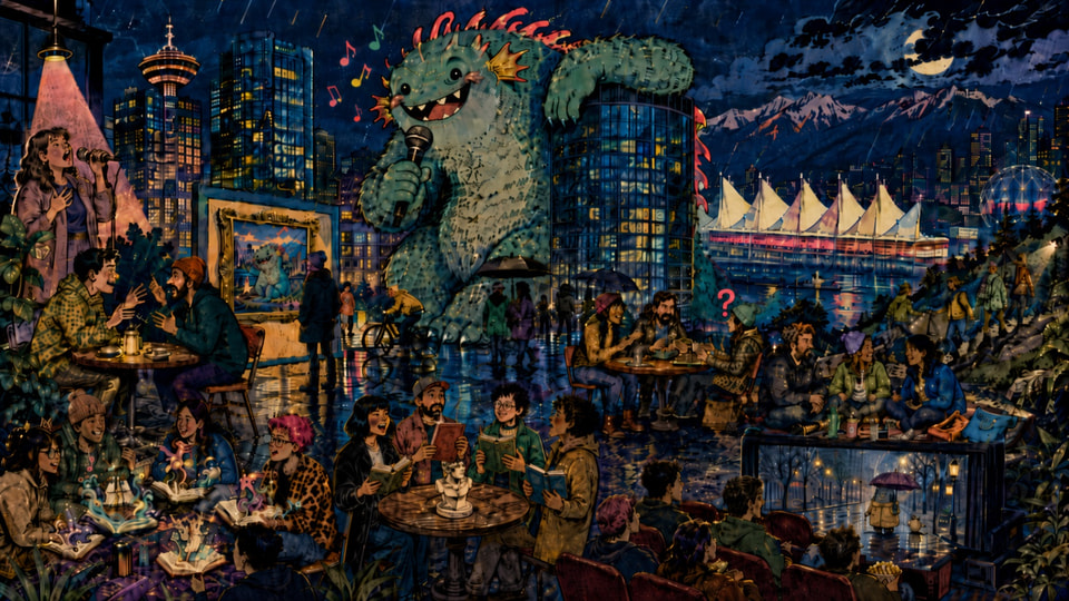 A friendly sea monster sings above a rainy Vancouver night filled with reading, music, art, film, and conversation.