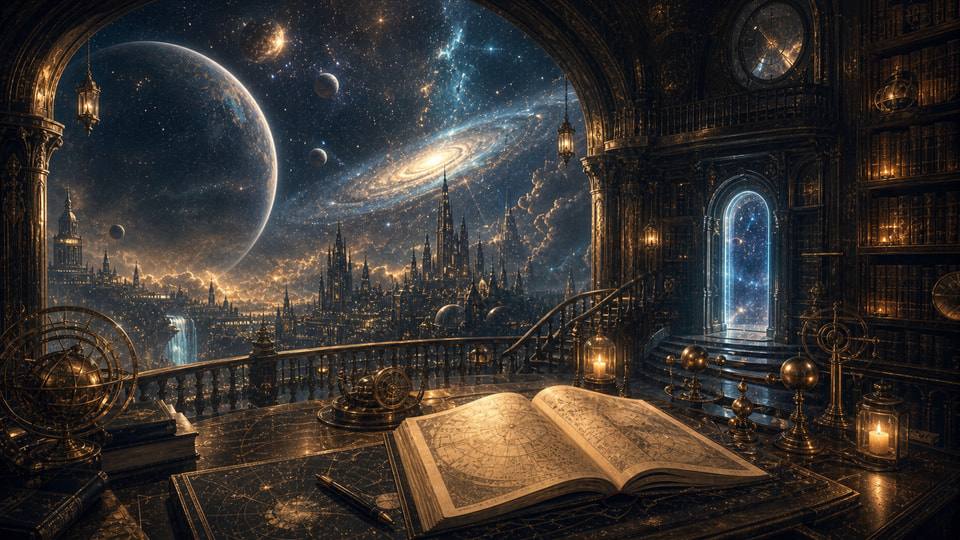 An ornate cosmic library opens onto planets, galaxies, and a distant fantasy city.