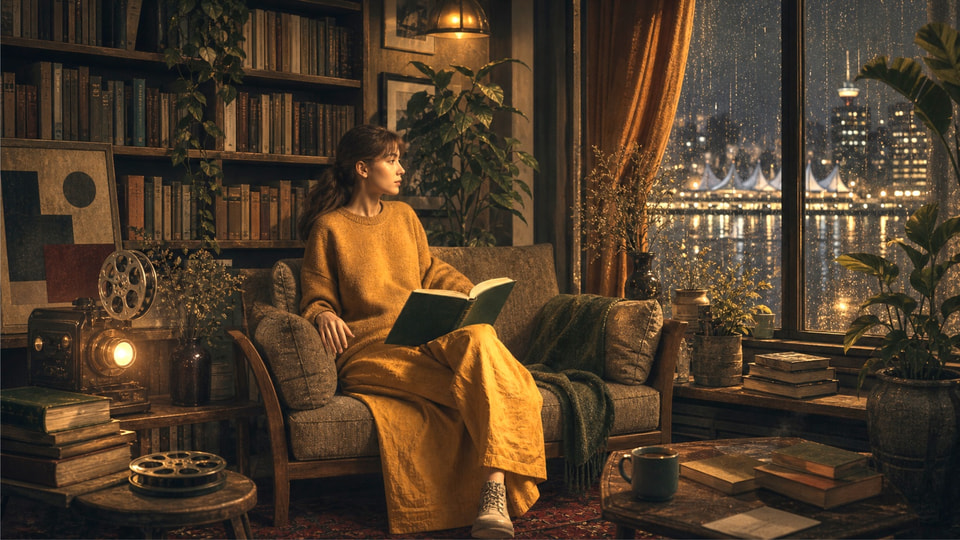 A reader sits with an open book beside a vintage projector overlooking rainy Vancouver.